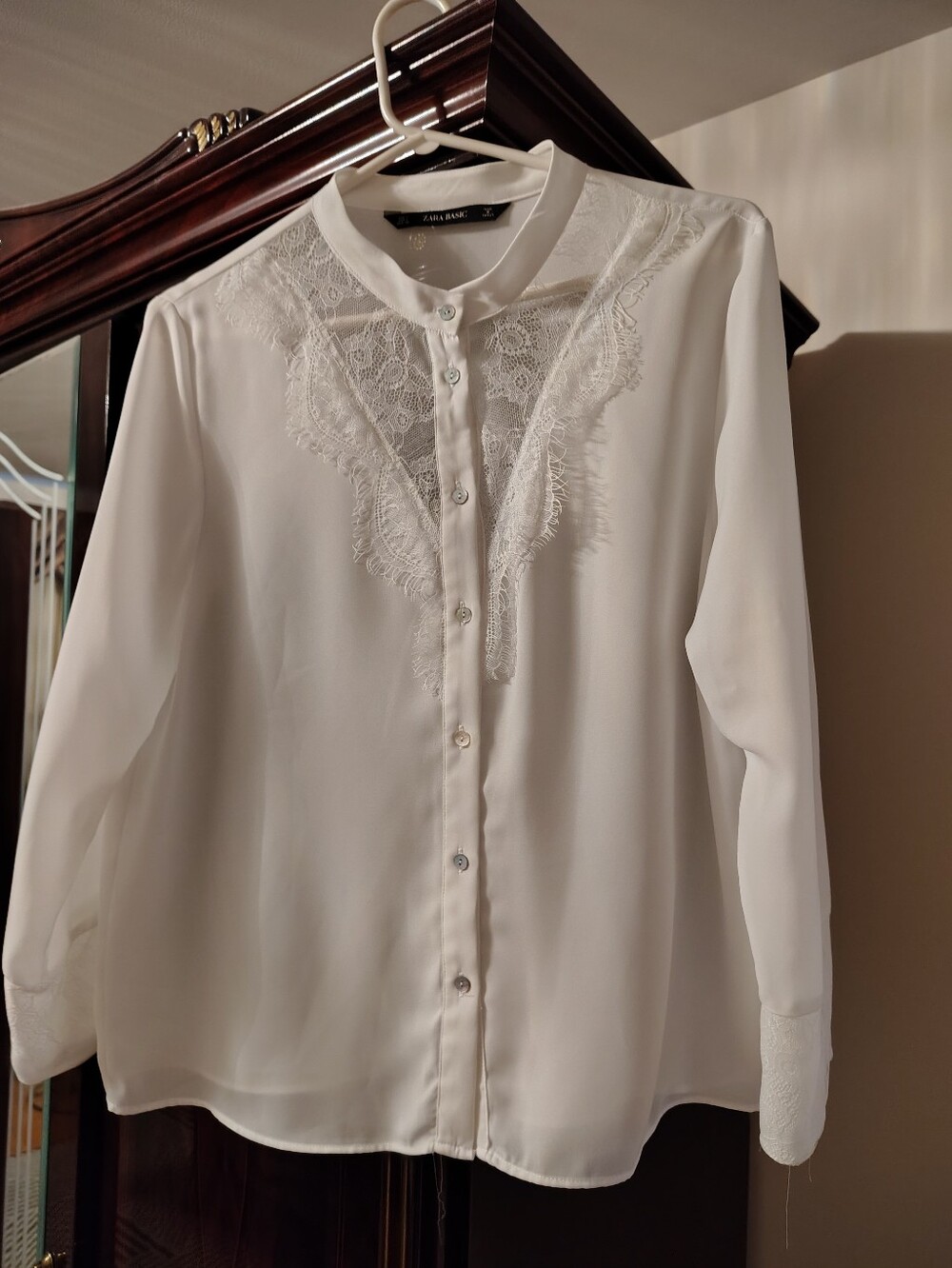 Zara White Lace-Accent Button-Down Blouse